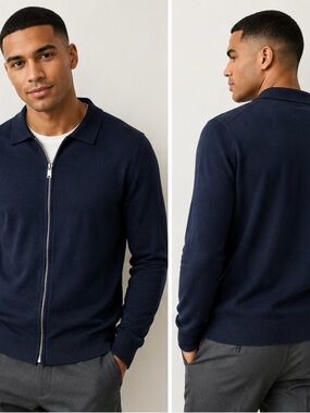 Lindbergh Merino Wool Zip Cardigan Men’s Small Navy Slim Fit Full Zip Sweater